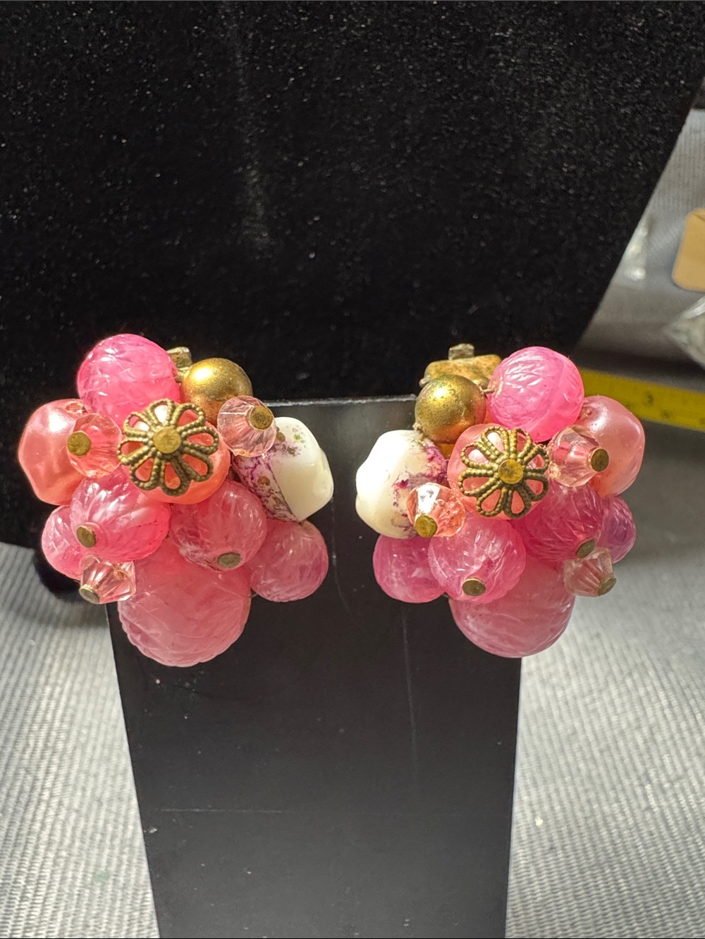 Vintage Pink Cluster Bead Clip-On Earrings with Gold Accents